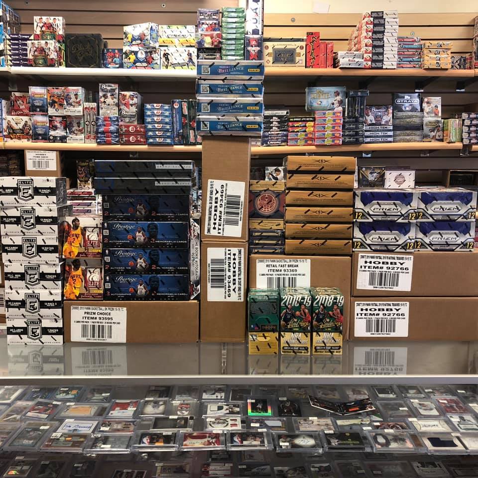 Wall of sports card boxes